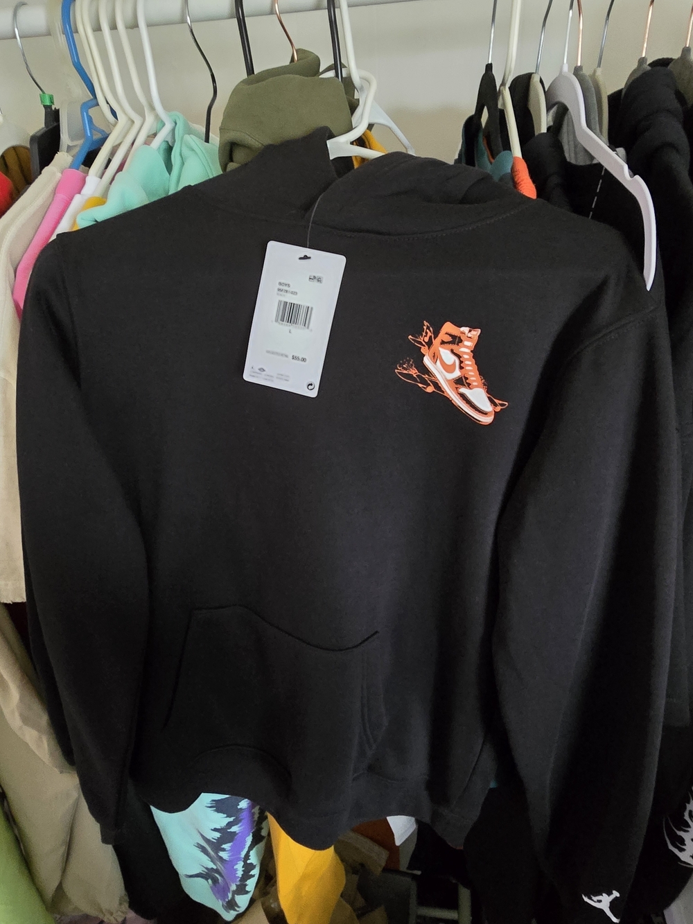 Kids Black Nike Hoodie with Orange Sneaker Graphic